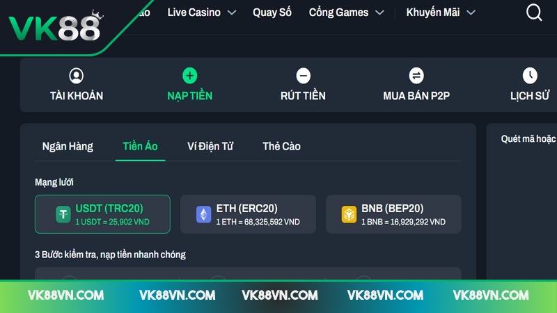 Bet thủ có thể nạp tiền vào VK88 thông qua tiền ảo