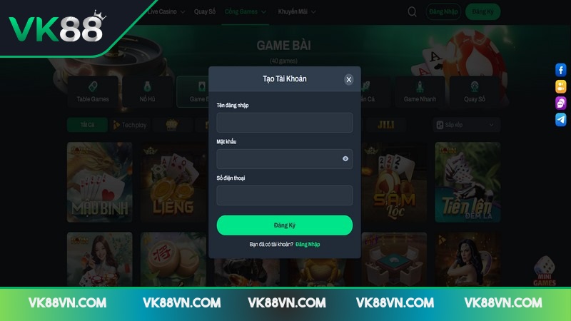Đăng ký VK88 chỉ yêu cầu cung cấp thông tin đơn giản